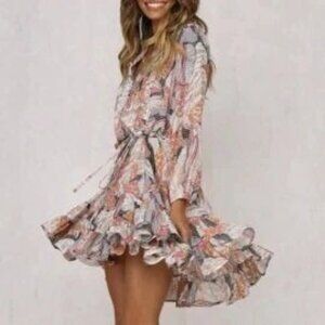 Sonja Morgan Ruffle Flounce Dress S Long Sleeve Beige Pink Floral